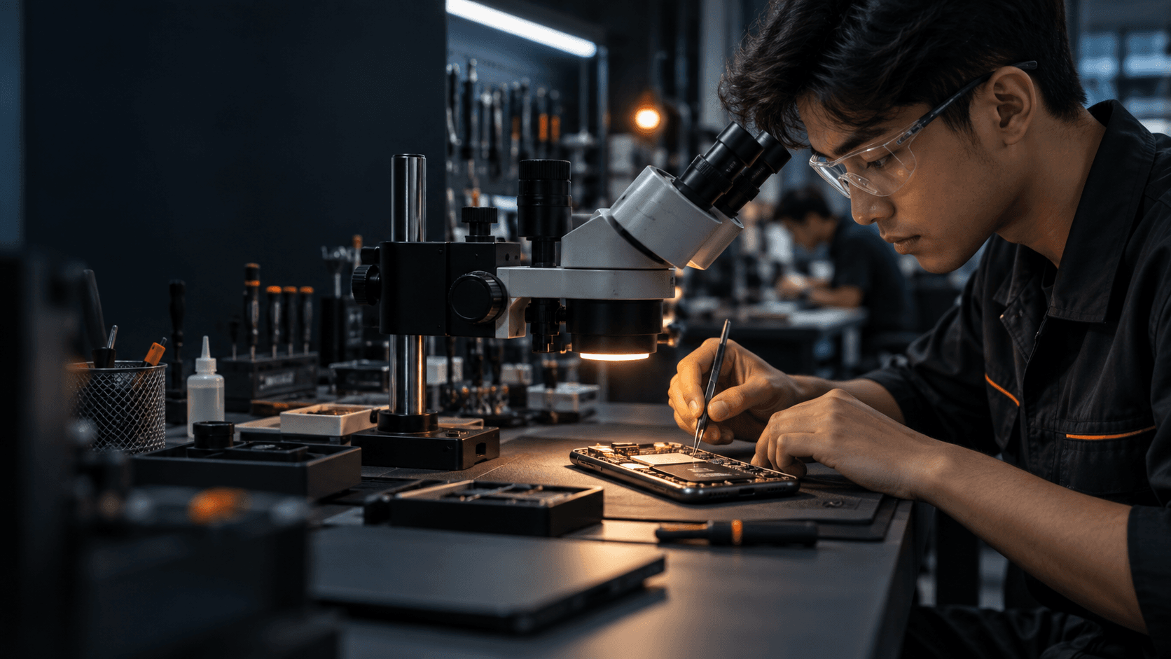 Student learning smartphone repair in a technical workshop